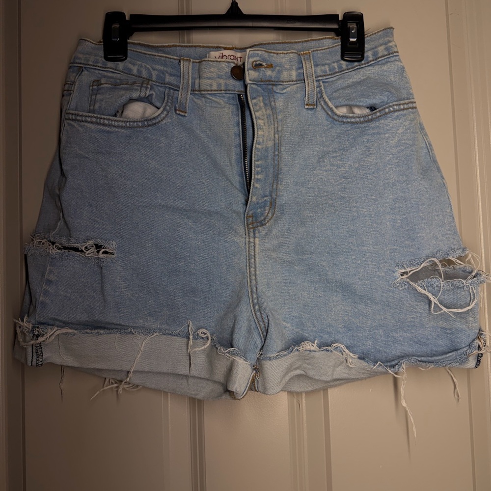 Vibrant Faded Light Blue Distressed Denim Shorts